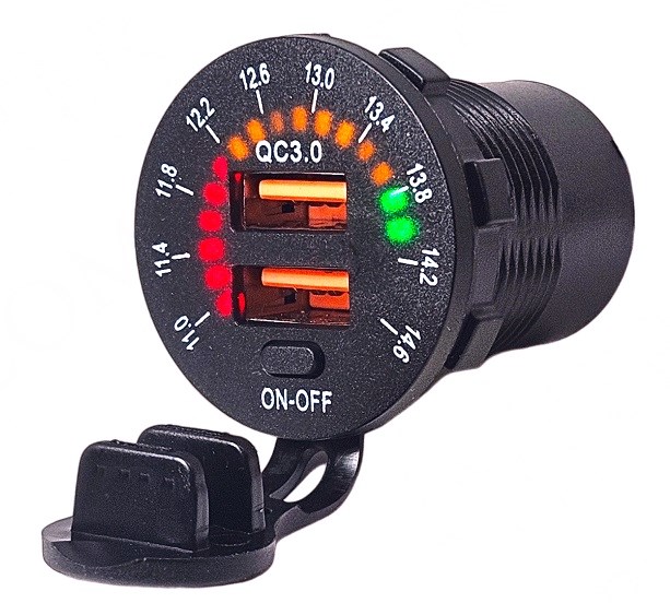 12V 24V DC USB QC3.0 Şarj Port Kadran Voltmetreli Anahtarlı Yuvarlak