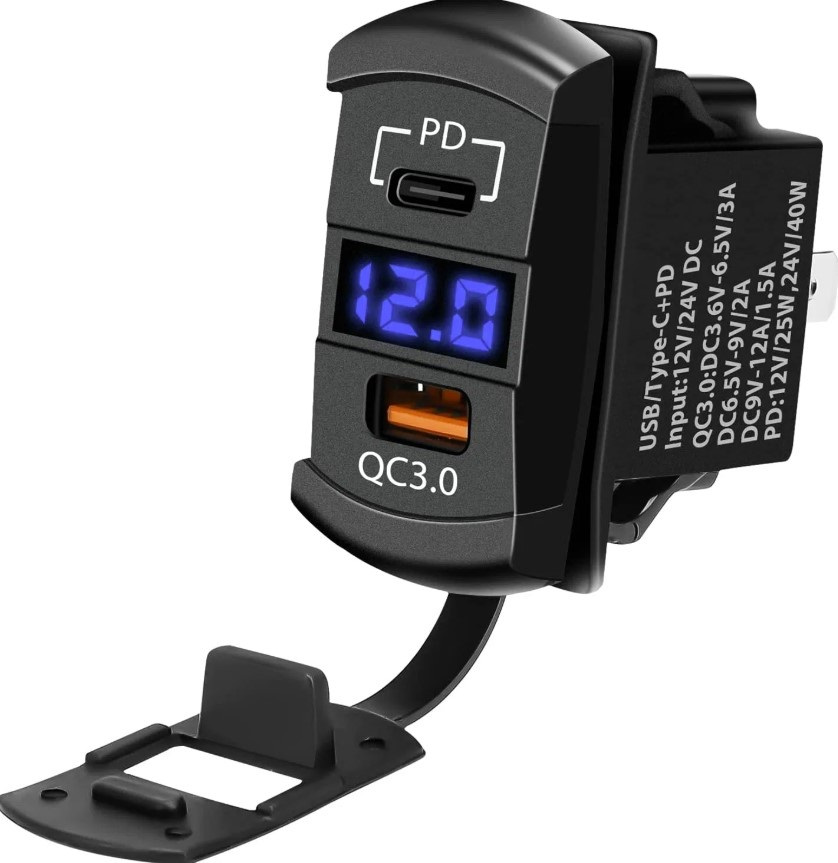 12V 24V DC USB QC3.0 Type-C PD Şarj Port Voltmetreli Dikdörtgen