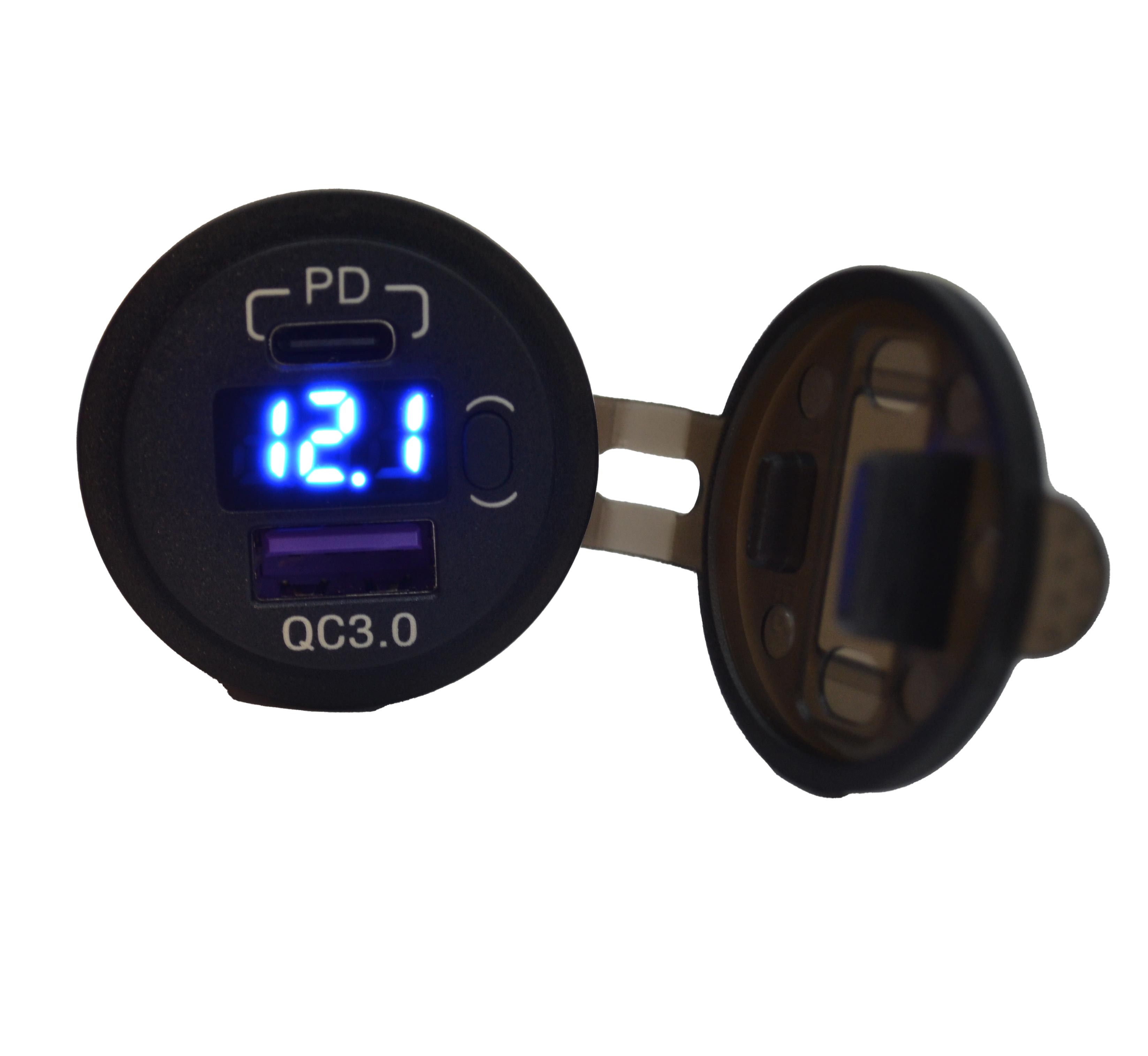 12V 24V DC USB QC3.0 Type-C PD Şarj Port Voltmetreli Anahtarlı Yuvarlak