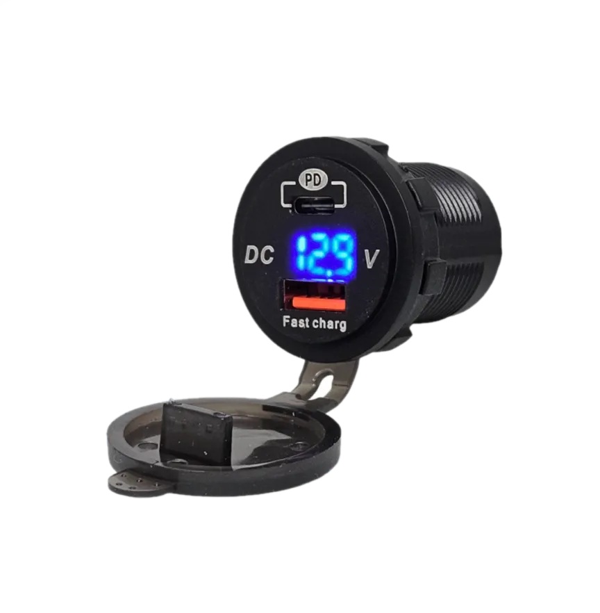 12V 24V DC USB QC3.0 Type-C PD Şarj Port Voltmetreli Yuvarlak